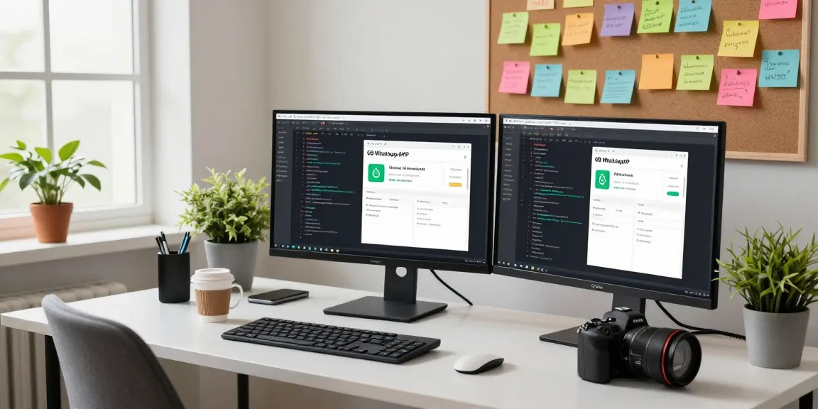 Innovative workspace featuring GB WhatsApp app development with coding screens and creative elements.
