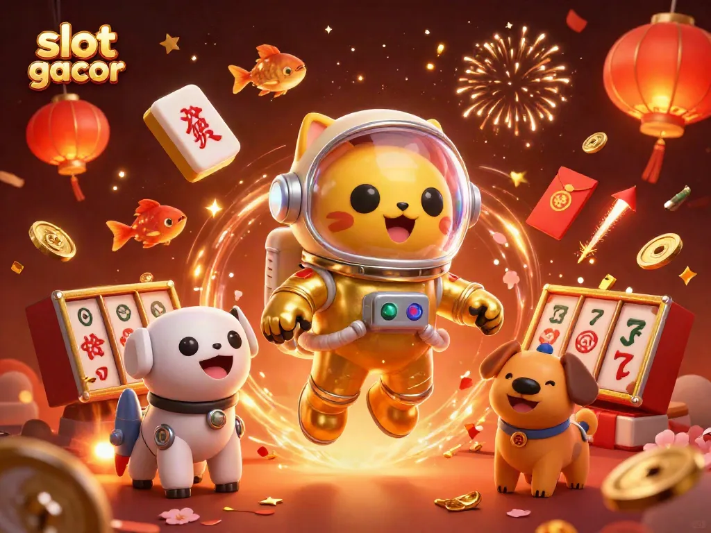Experience immersive fun with slot online gacor as a 3D cartoon astronaut cat and robot dog explore a vibrant nebula.