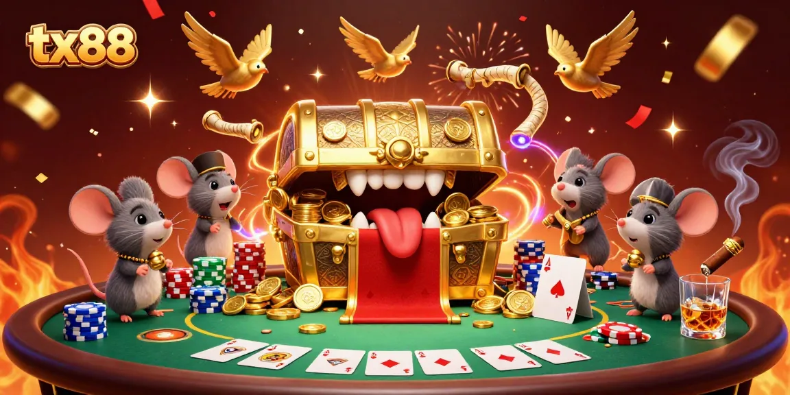 Engage with tx88's thrilling casino adventure featuring a treasure chest and poker elements.