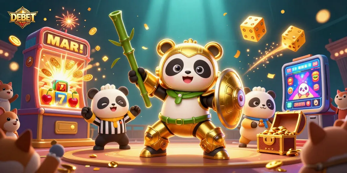 Join the excitement of DEBET gaming amidst a lively casino scene with golden panda and dynamic elements.