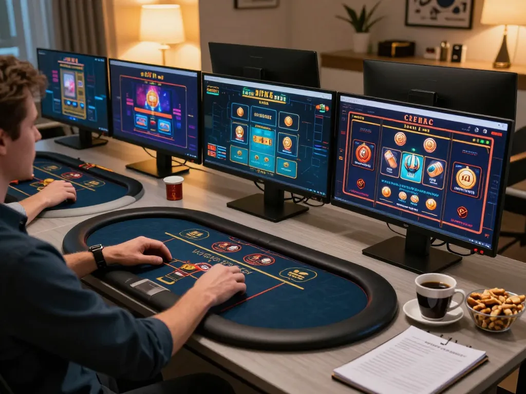 Người chơi Hitclub thưởng thức các trò chơi casino trên nhiều màn hình trong một không gian sống hiện đại