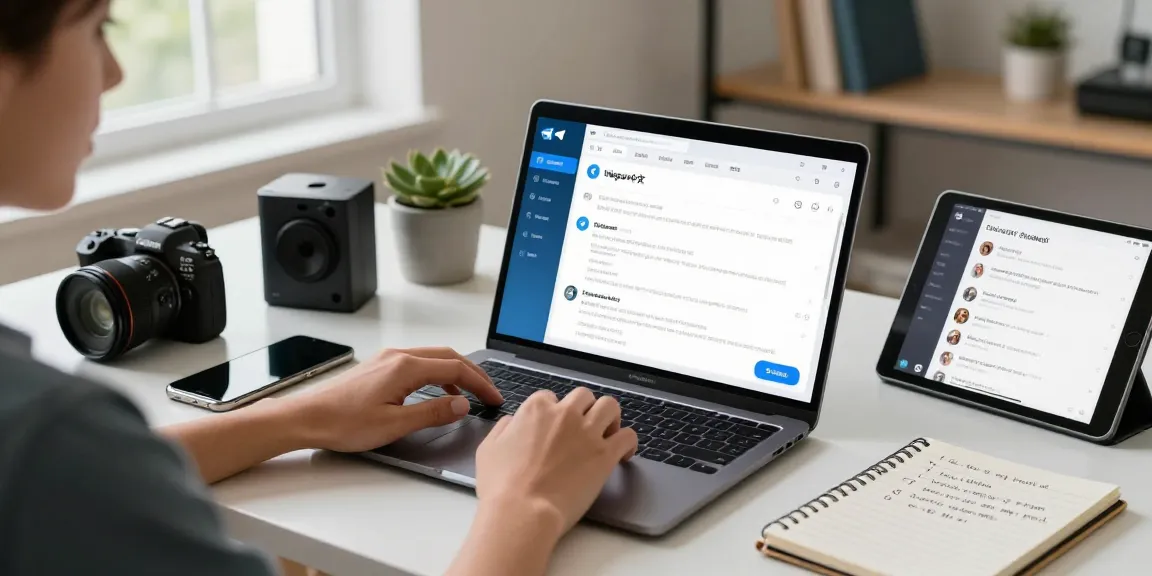 Engaging with telegram中文 settings on a modern laptop in a bright home office.