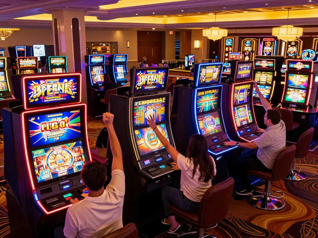 Players enjoying thrilling slot machines in a lively casino atmosphere, showcasing excitement and engagement.