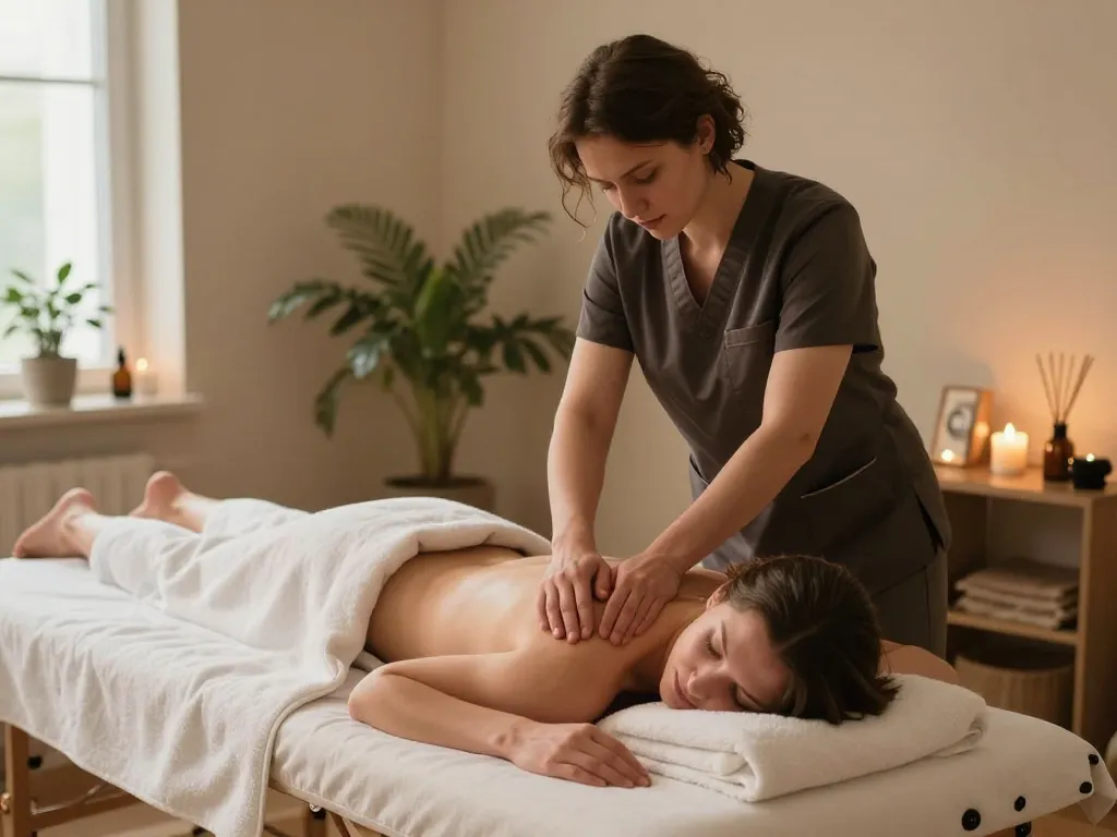 전문 러시아 마사지 치료사가 https://www.russiamobilemassage.com에서 개인 맞춤 서비스를 제공하며 차분한 분위기를 조성하는 편안한 홈 마사지 장면