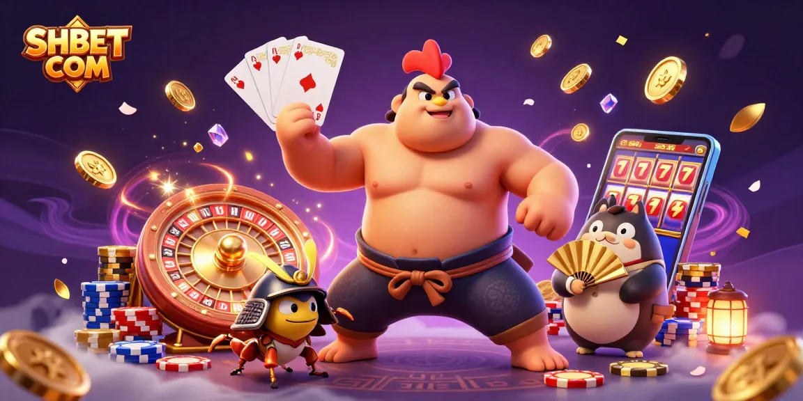 Experience thrilling gaming action with SHBET COM's dramatic 3D casino scene full of vibrant characters and elements.
