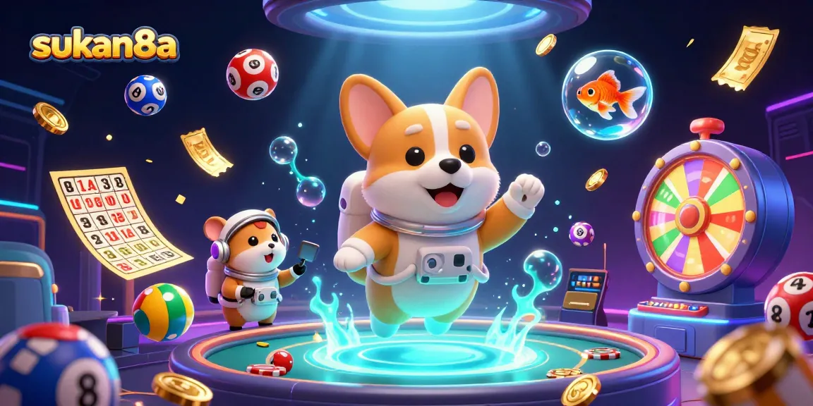 Play innovative games at sukan8a with floating poker chips and dynamic lottery balls in a vibrant casino.