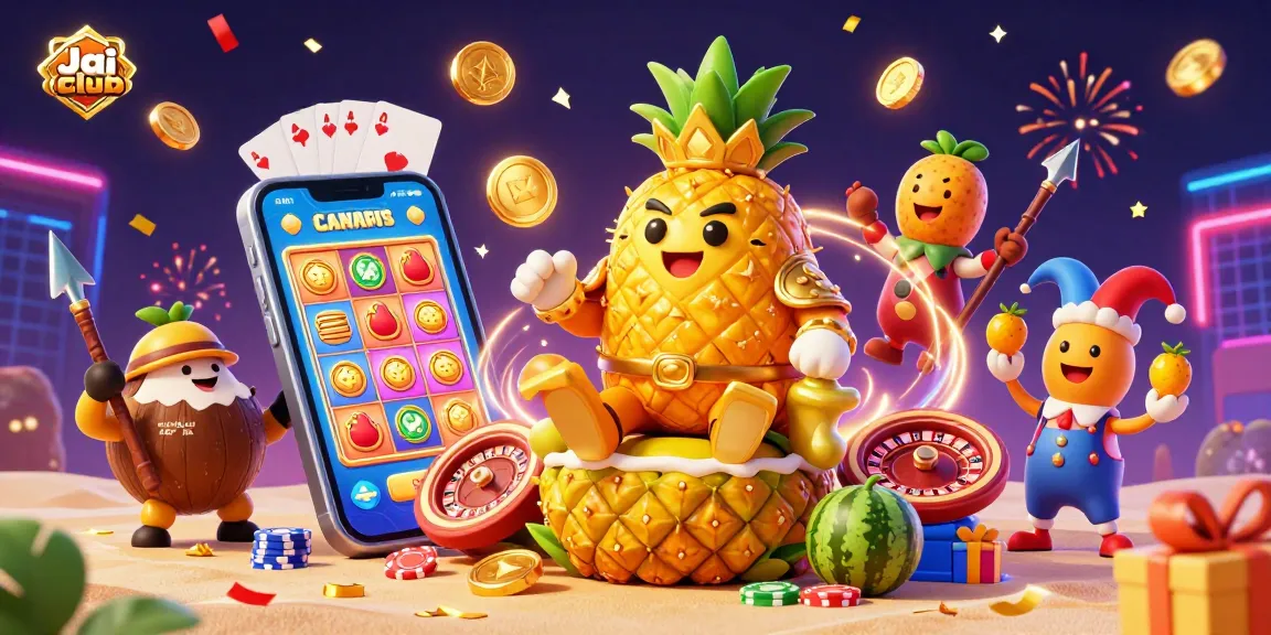 Experience the vibrancy of Jai club with a lively 3D casino illustration featuring a golden pineapple king and festive characters.