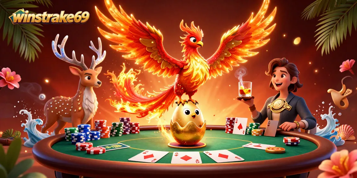 Winstrike69 showcases a fiery phoenix and poker elements in a dynamic casino illustration.