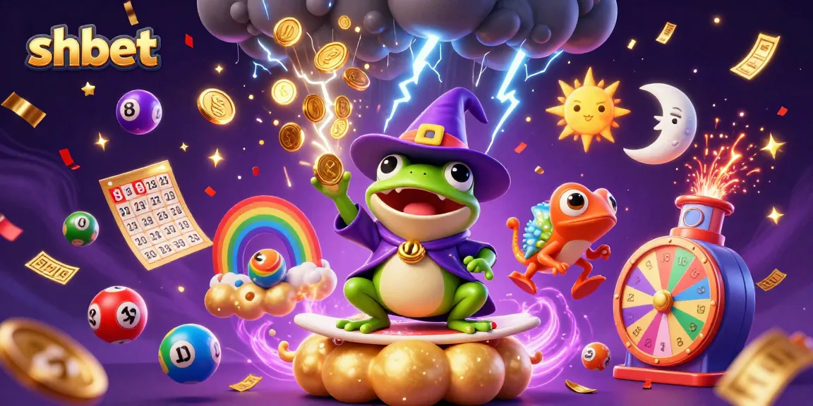 Join shbet in a vibrant celebration of gaming, featuring a wizard frog and chameleon amid golden coins and colorful elements.