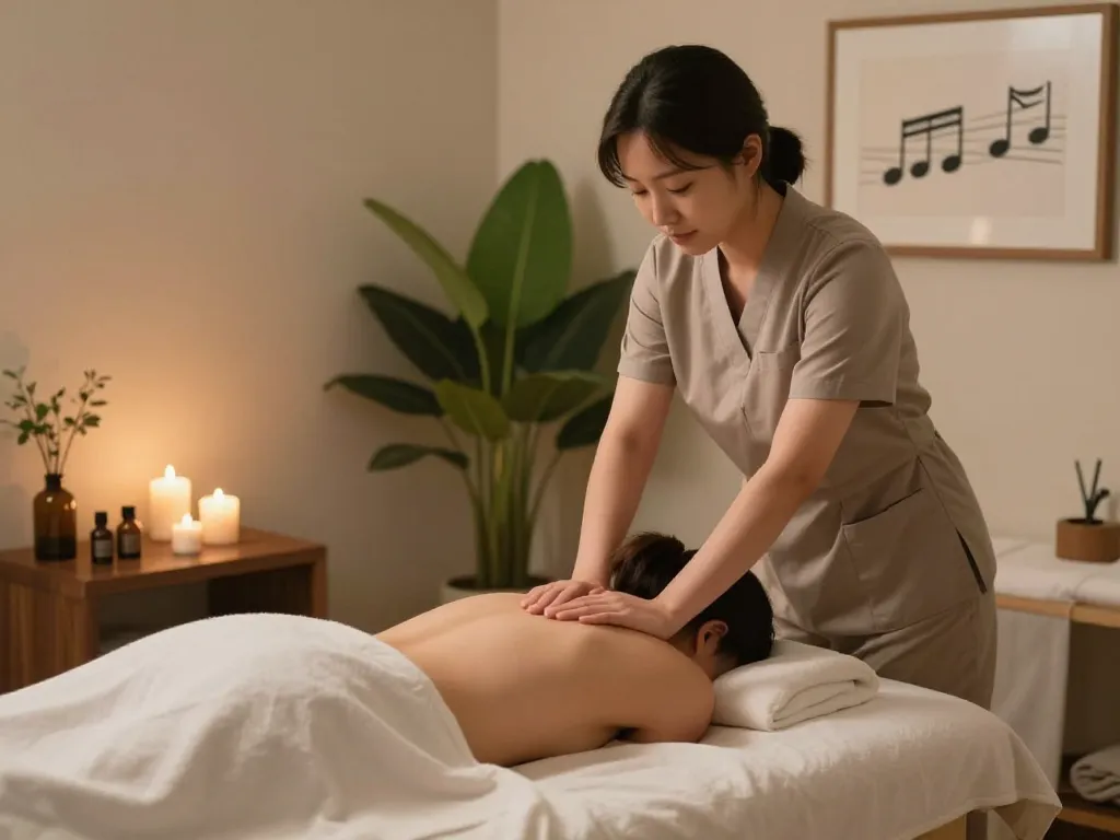 A tranquil spa treatment room showcasing a therapist performing a 잠실스웨디시 massage, creating a serene atmosphere with soft light, candles, and greenery.