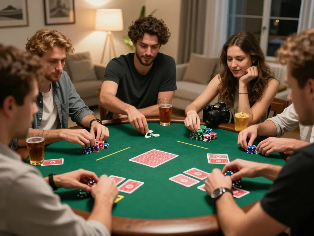 Players engaged in a lively poker game at home, illustrating the NHÀ CÁI C168 experience with strategic interaction and camaraderie.