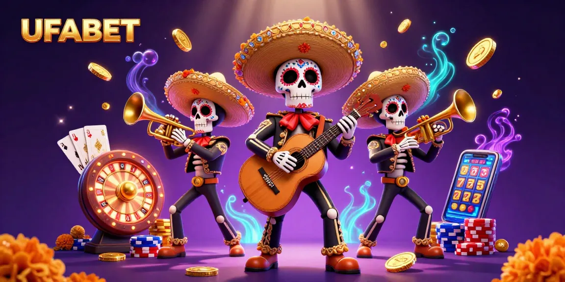 Experience the excitement of UFABET with vibrant mariachi characters amidst cascading coins and casino elements.