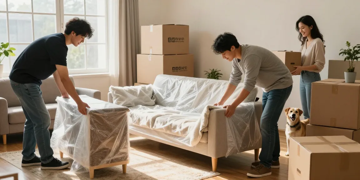 Residential moving companies providing professional stress-free service in a cheerful living room.