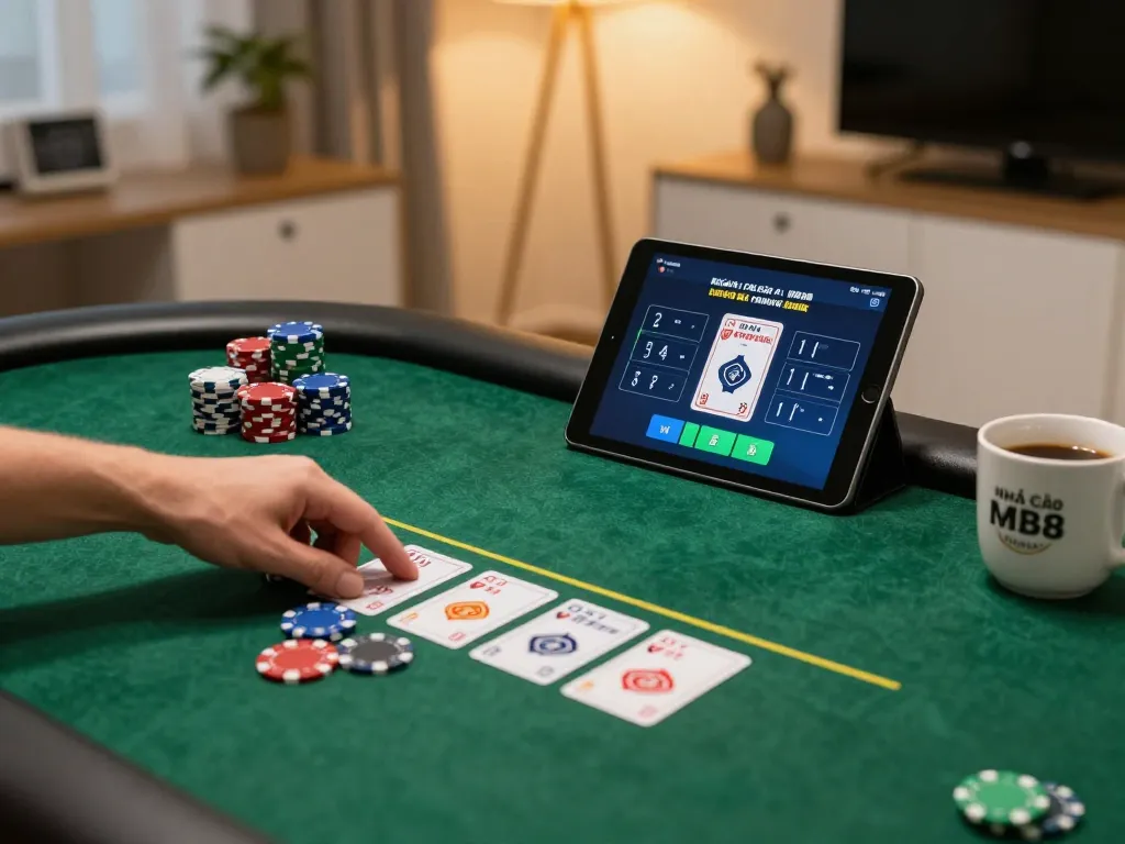 Placing bets on NHÀ CÁI MB88 poker table during an online game.