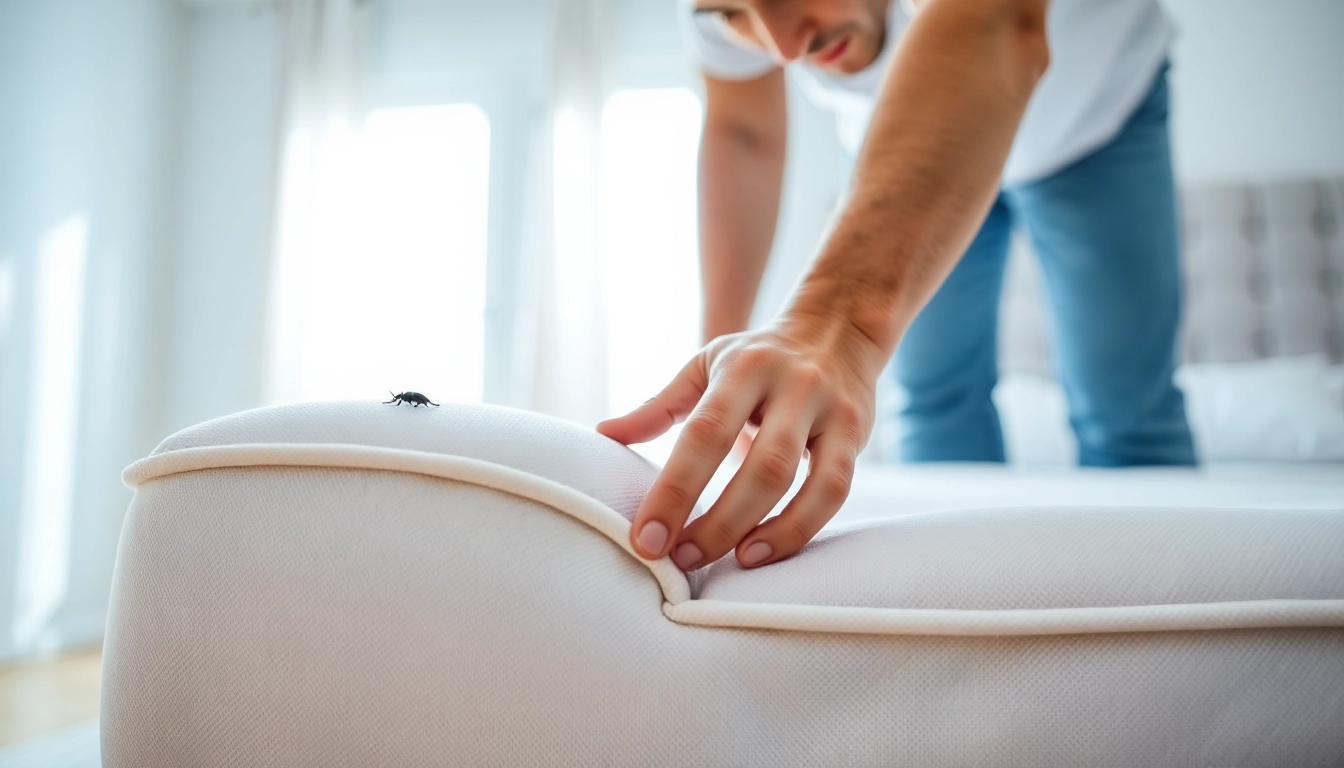 Check out bed bug services near me with a professional inspecting a mattress for bed bugs.