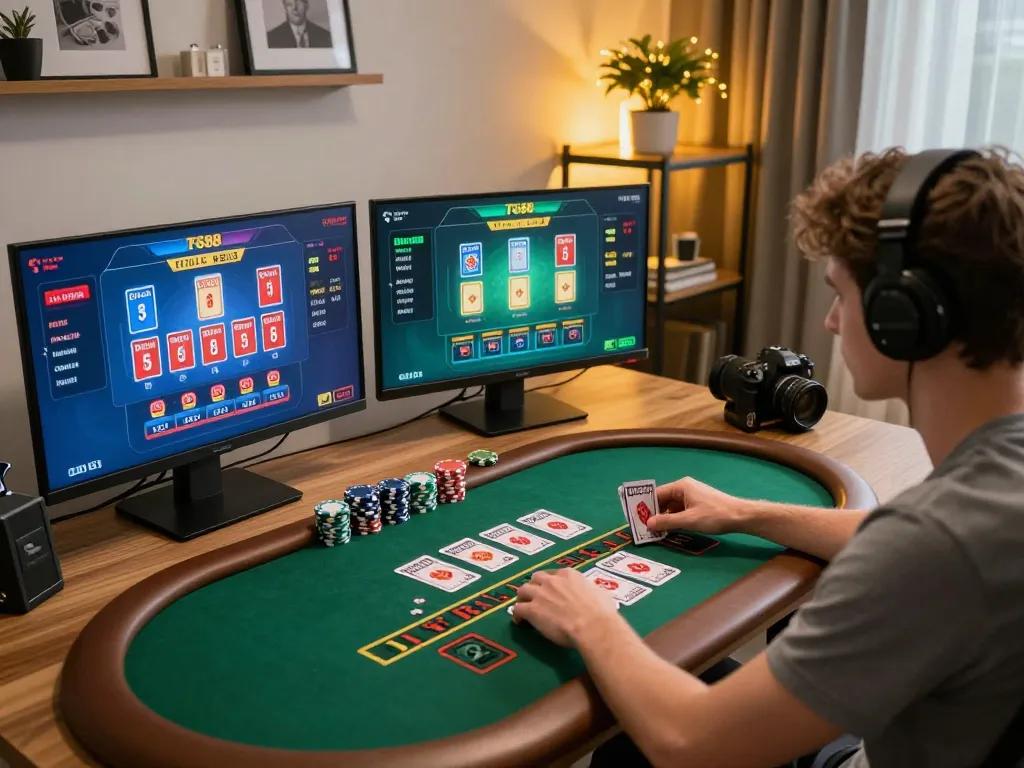 Engaging in online blackjack at TG88 with a modern gaming setup for immersive play