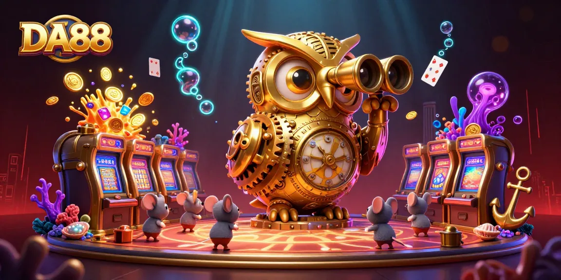Experience exhilarating gameplay at DA88, featuring a whimsical clockwork owl and lively casino atmosphere.