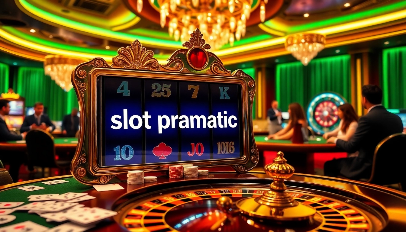 Players enjoying slot pragmatic games in a luxurious casino setting filled with vibrant colors and exciting elements.
