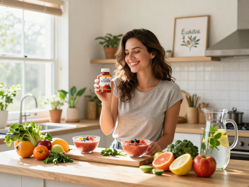 Healthy lifestyle scene featuring a Canadian astaxanthin brand supplement amidst fresh fruits and vegetables for wellness.