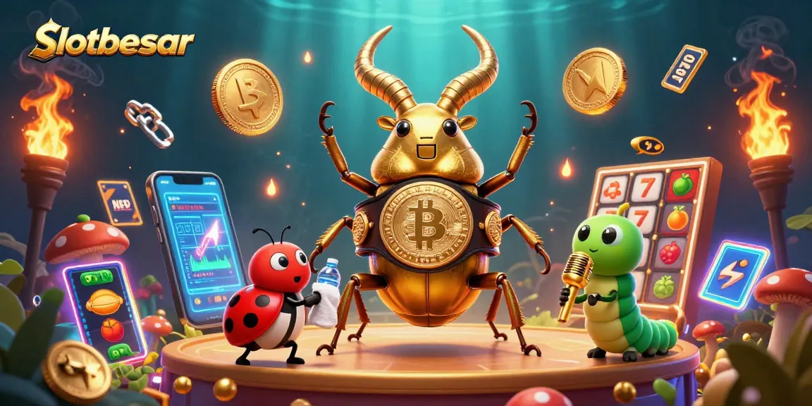 Engage with slotbesar’s exciting atmosphere, featuring a golden stag beetle and vibrant slot game elements.