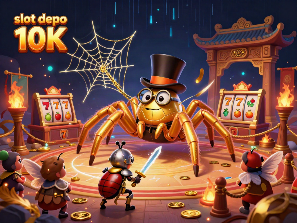 Engage with slot depo 10K featuring a giant golden tarantula weaving golden threads between casino pillars.