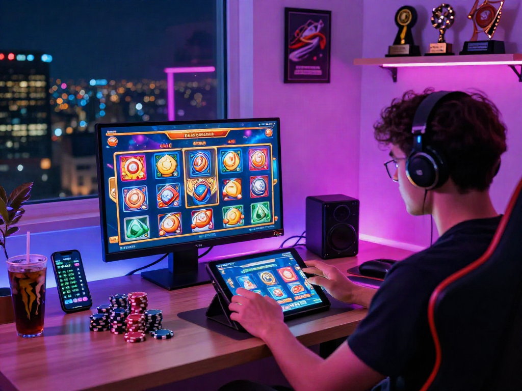 Engaging online gaming scene showcasing bandar slot gacor on a tablet amidst vibrant colors and gaming excitement.