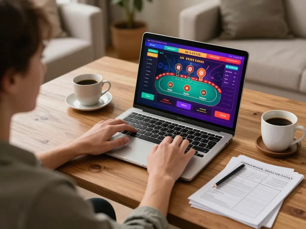 Migliori casino online europei live: Engaging in strategic online poker gameplay at home with a laptop and notes.