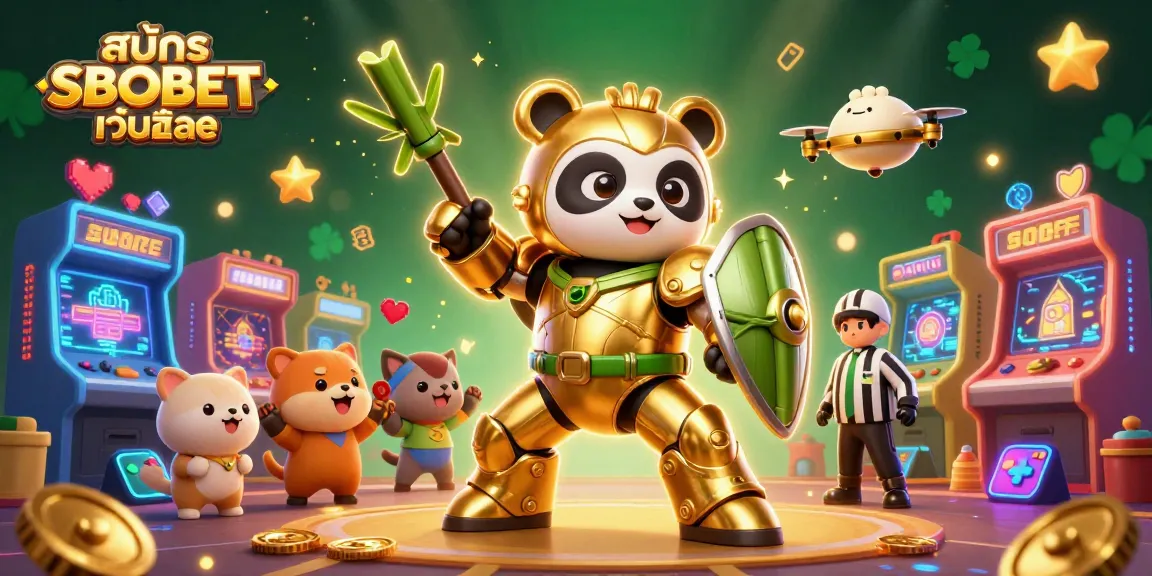 Experience สมัคร SBOBET เว็บตรง with dynamic 3D gaming elements, showcasing vibrant arcade machines and engaging characters.