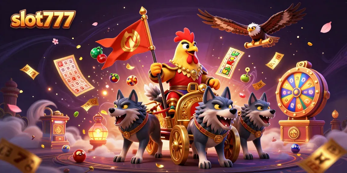 Experience slot777 excitement with a cartoon rooster warlord and vibrant casino elements in a dynamic 3D scene.
