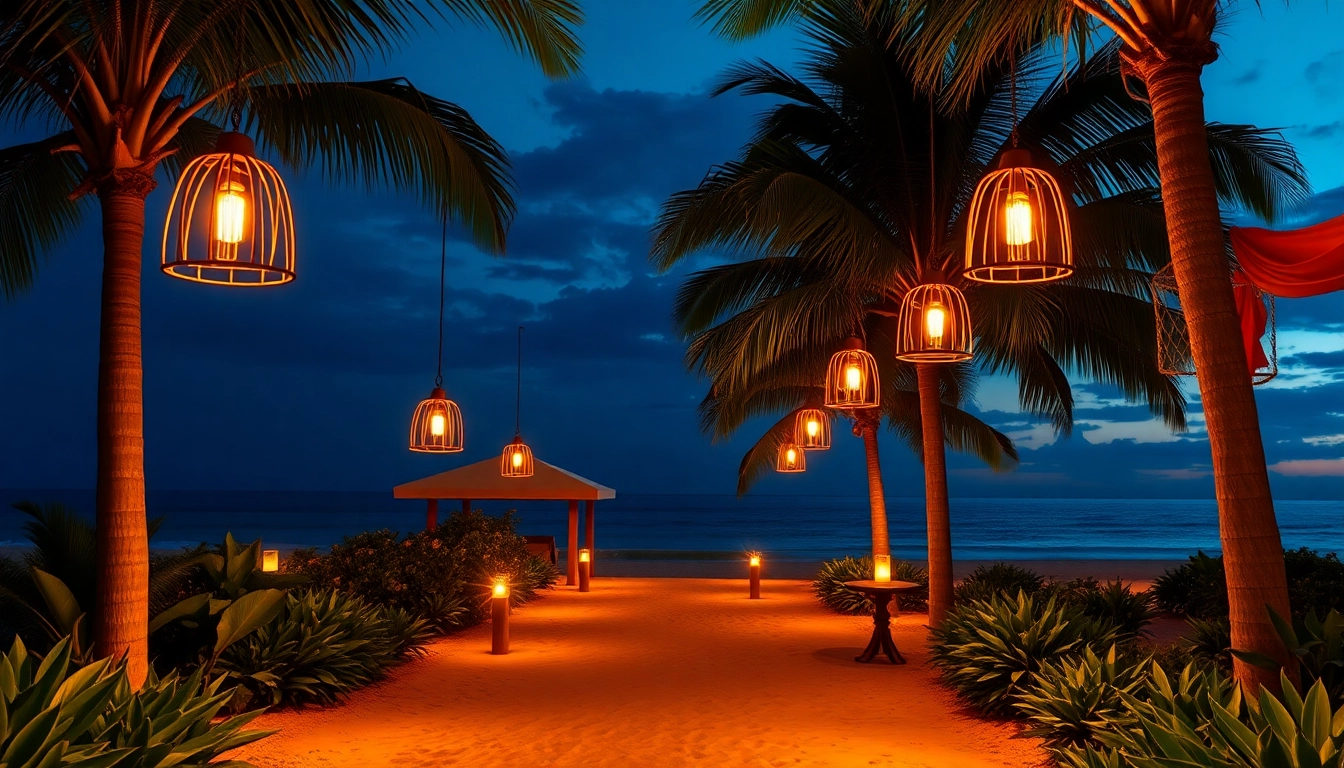 Enhance outdoor ambiance with elegant island lighting illuminating a tropical pathway.
