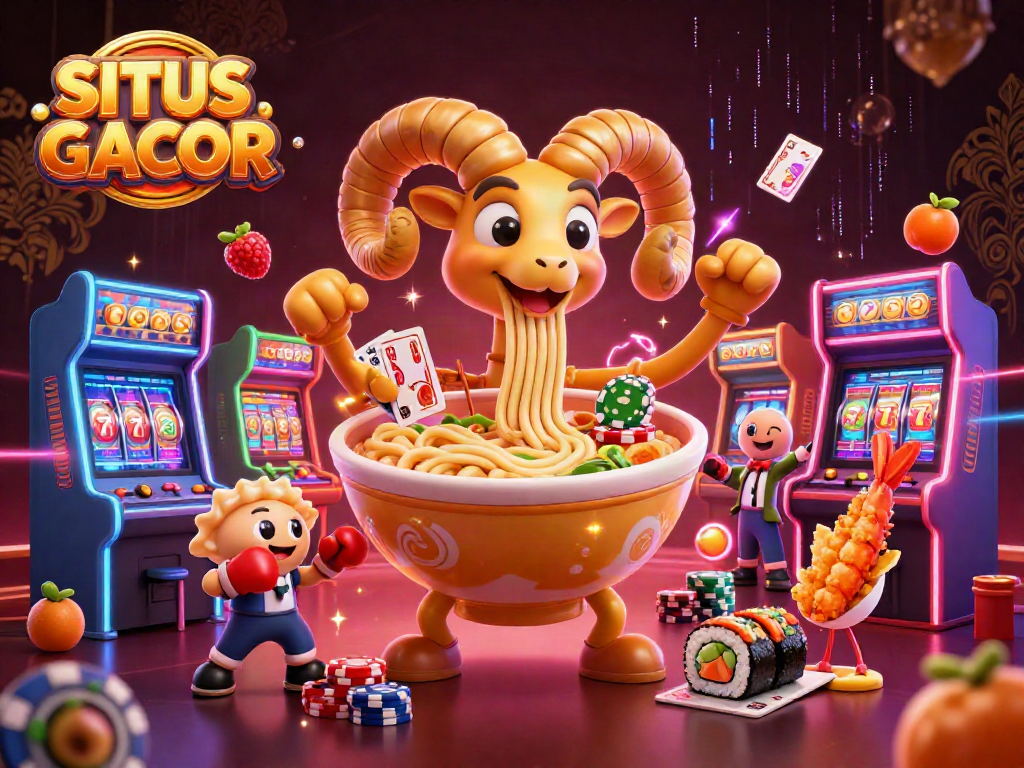 SITUS GACOR showcases a vibrant casino scene with a magical ramen bowl, gyoza sidekick, and sushi dealer.