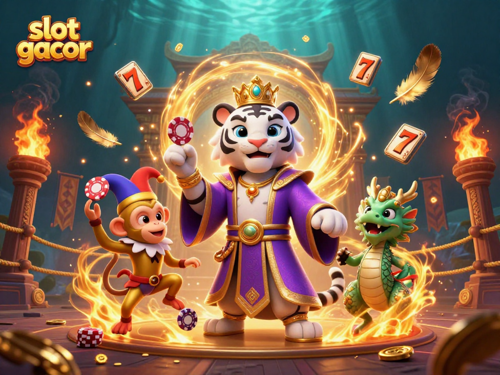 Engaging scene of slot gacor elements with a playful monkey and elegant tiger in a dynamic casino illustration.