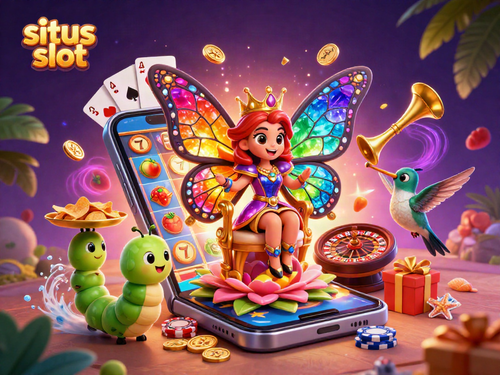 Engaging illustration featuring siti slot with a butterfly queen and vibrant gaming elements.