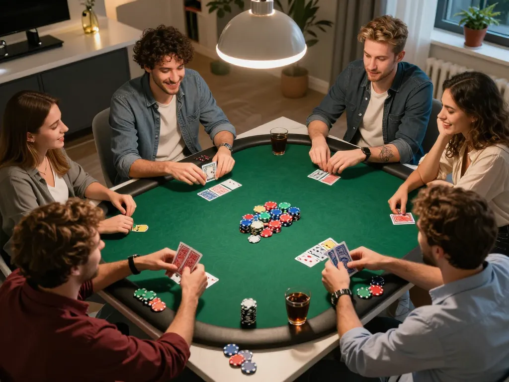 Engaging home poker night scene with friends placing bets, showcasing a lively atmosphere and strategy during a slot bet 200 game.