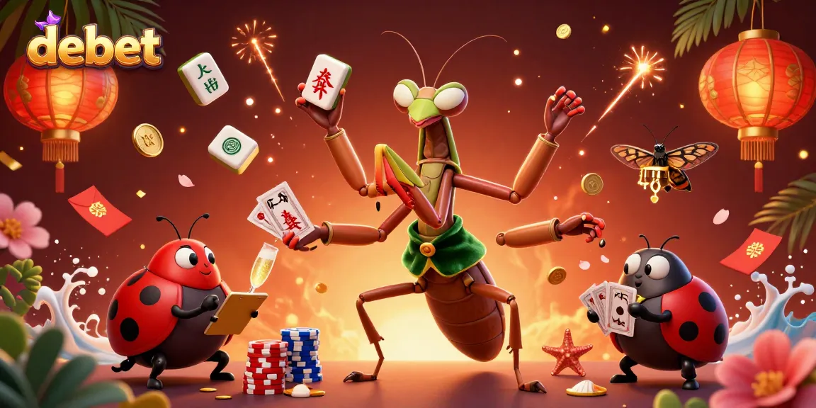 Experience debet's vibrant casino scene with a cartoon mantis and ladybug characters.