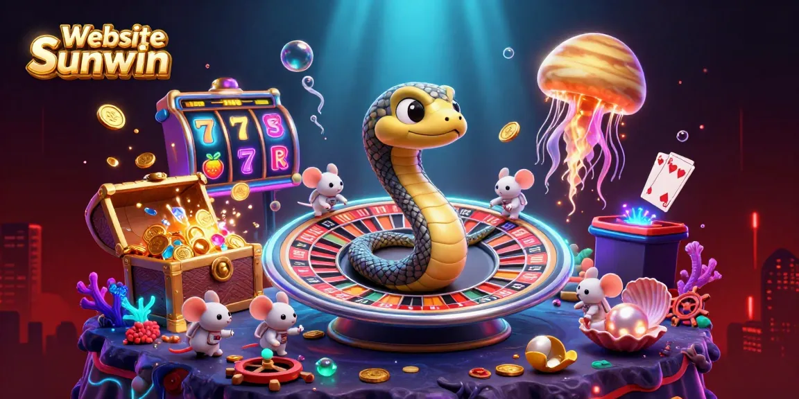Website Sunwin offers an exciting gambling experience with a cartoon snake roulette wheel and animated slot symbols.