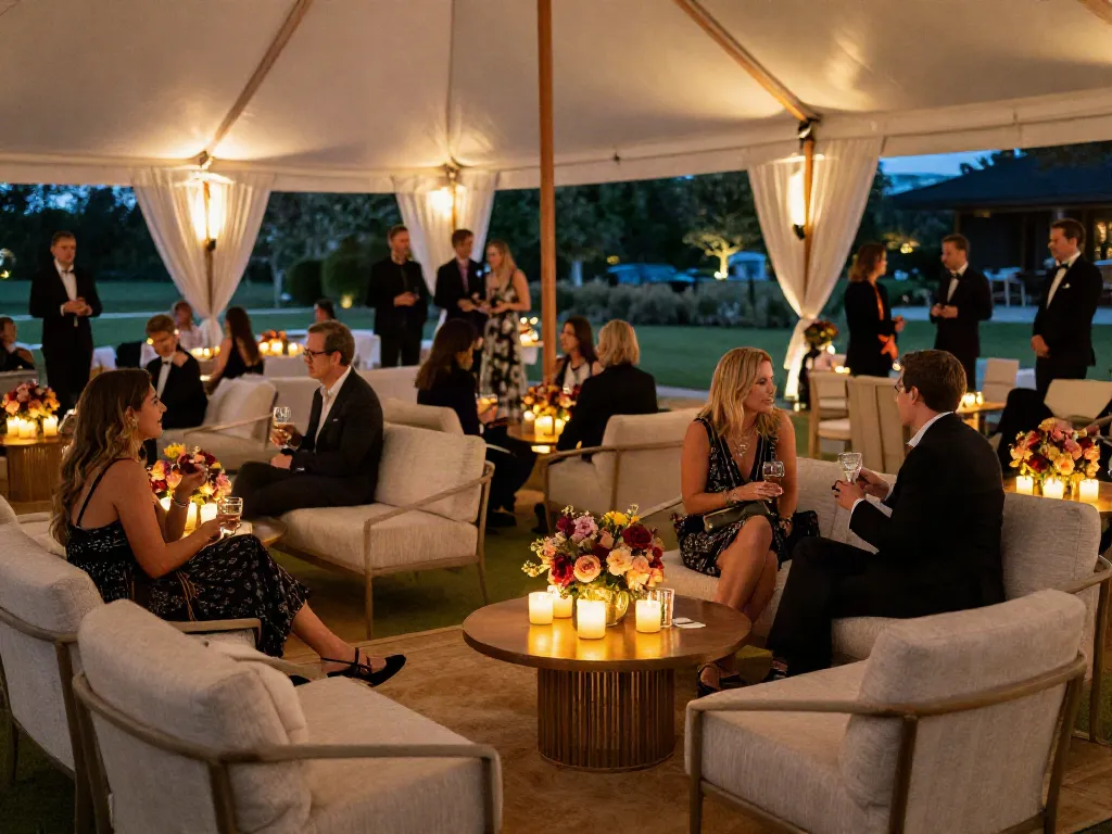 Event furniture rental setup in an elegant outdoor venue with stylish seating and ambient lighting.