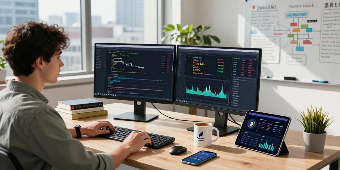 Developer coding in a modern workspace, utilizing an algorithmic forex data API for real-time currency analysis.
