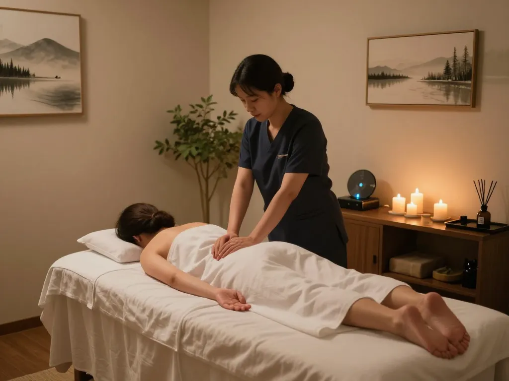 Relaxing 부전동마사지 in a soothing spa room with calming decor and professional therapist.