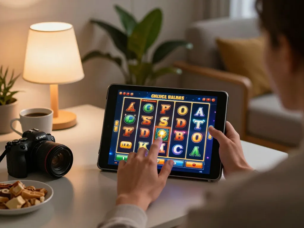 Player engaged in a thrilling online slot session, showcasing modern tablet interface and cozy gaming environment.