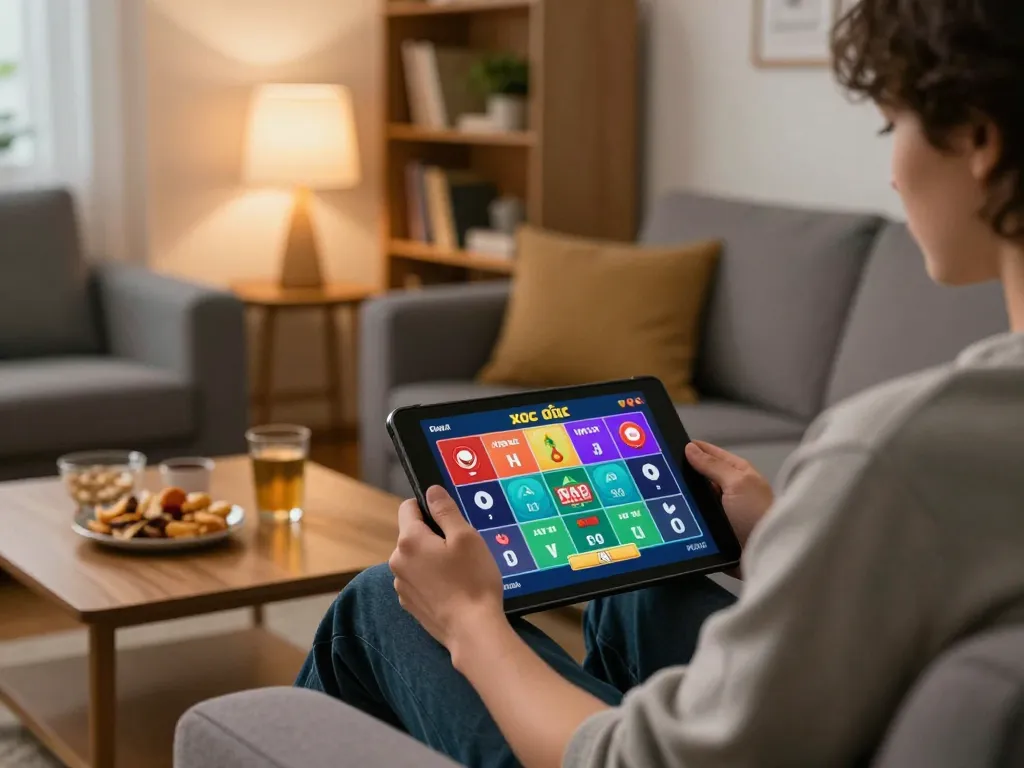 Xóc đĩa online gaming experience with a person engaging on a tablet in a cozy living room