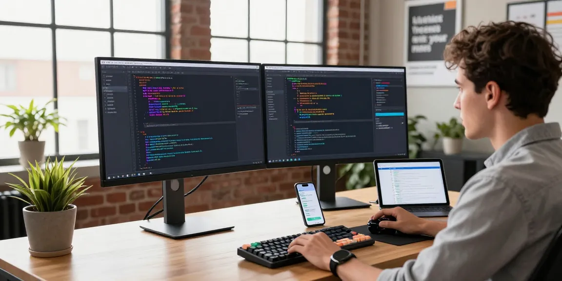 Professional workspace with a developer using a free ai image detector on dual monitors in a modern office setting.