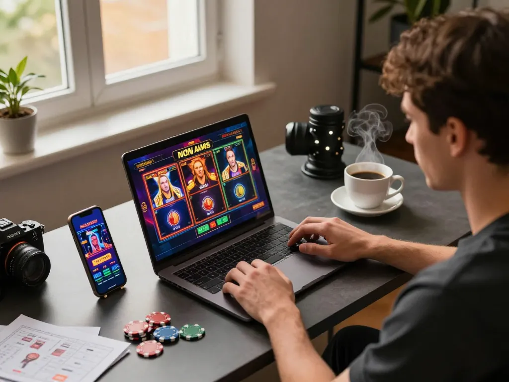 Engaging in casino non aams gaming with laptop showing vibrant slots and live dealer games.
