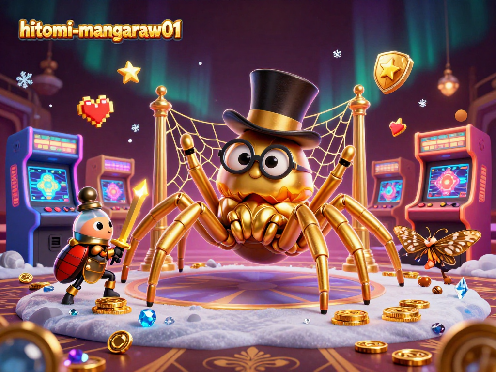 Engage with the colorful world of hitomi-mangaraw01 where a golden tarantula rules casino pillars amidst gaming excitement.