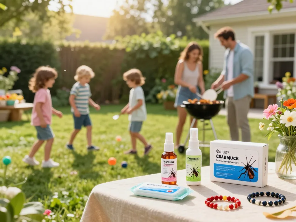 Family enjoying outdoor time with mosquito repellent products on table.