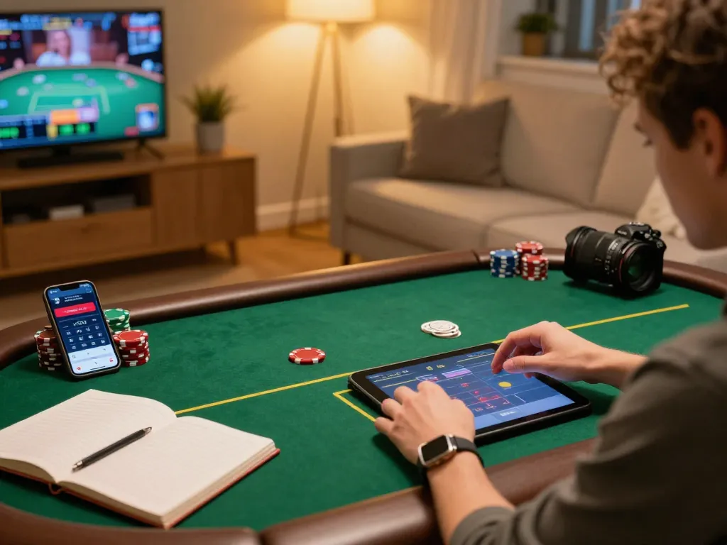 S666 online gaming scene with player focused on poker strategy at home, cozy ambiance.