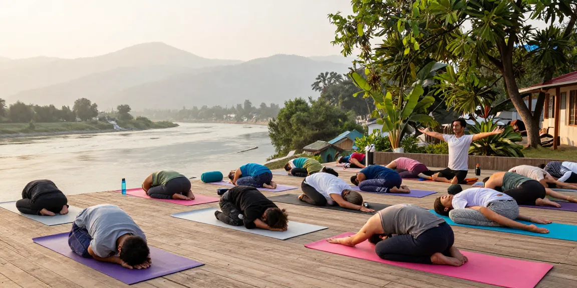 Practicing yoga during Best Yoga teacher training course in rishikesh at sunrise by the Ganges with students and nature