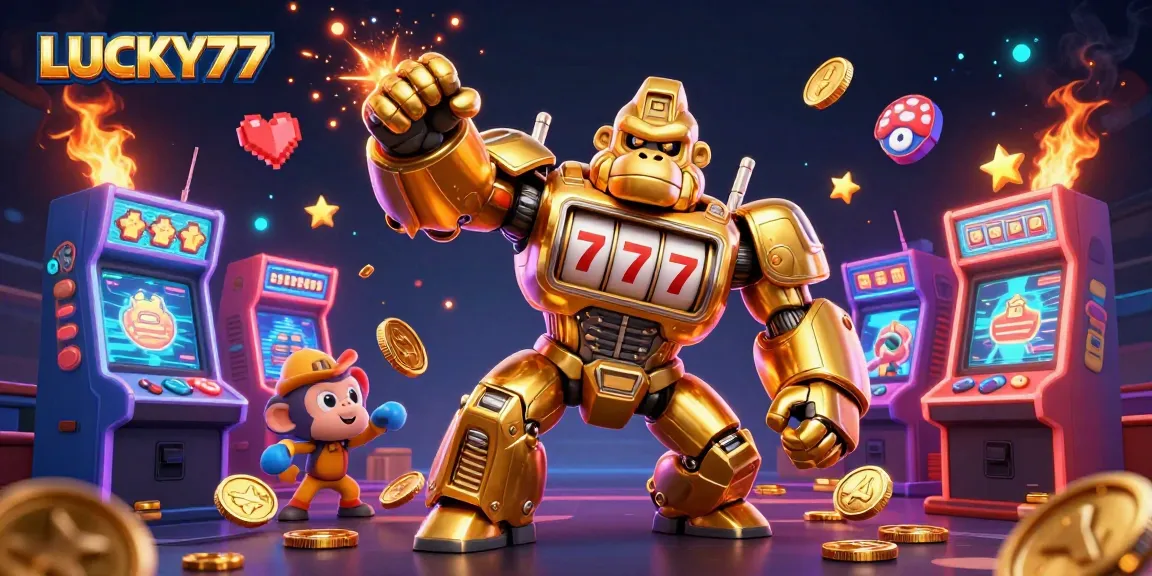 LUCKY77 showcases excitement with a glowing gorilla mech and vibrant arcade elements in a casino scene.