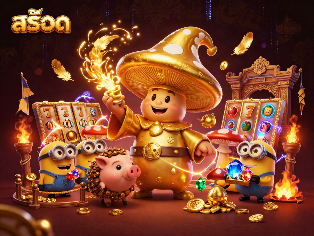 Engage in thrilling สล็อต action with a golden wizard and treasure-hunting pig in a dynamic casino scene.
