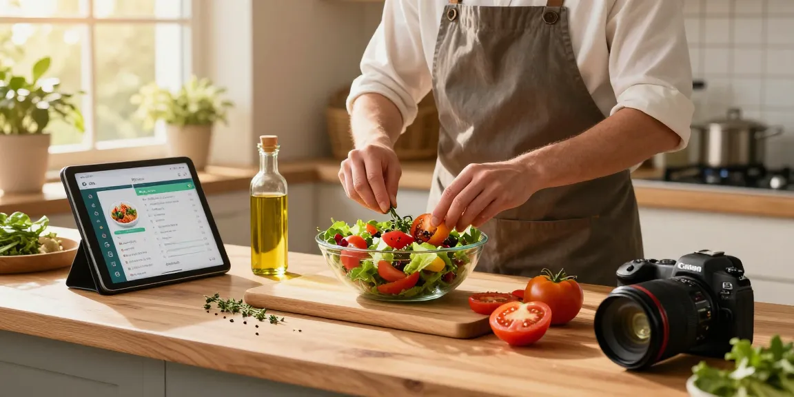 Home cook using the best food tracker app while preparing a fresh salad.